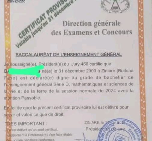 Attestation provisoire d'un élève détenu de Ziniaré qui a obtenu son Baccalauréat au premier tour.